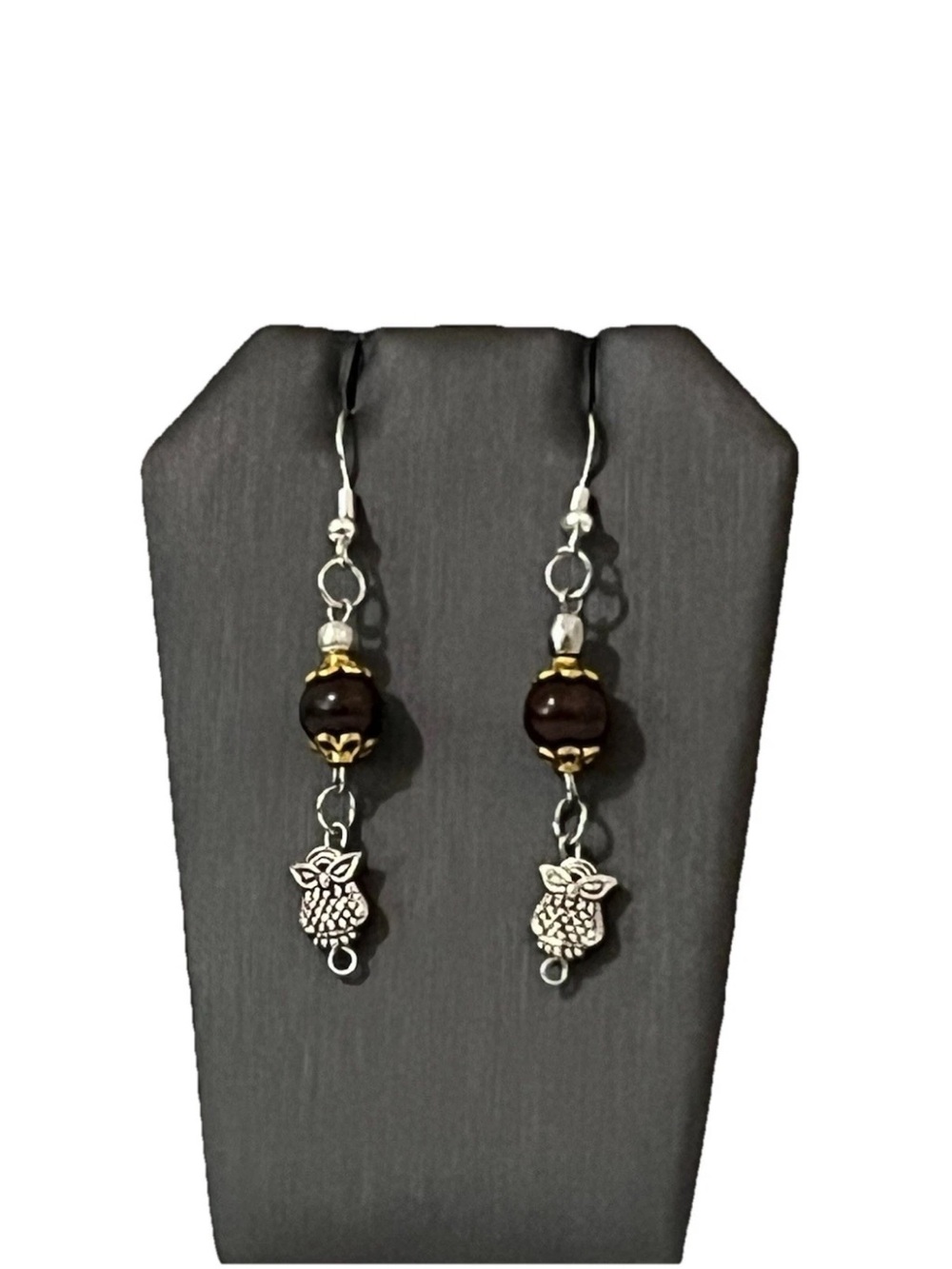 Handmade Artisan Silver Owl Dangle Earrings Burgundy Red Brown Bead Drop Hooks